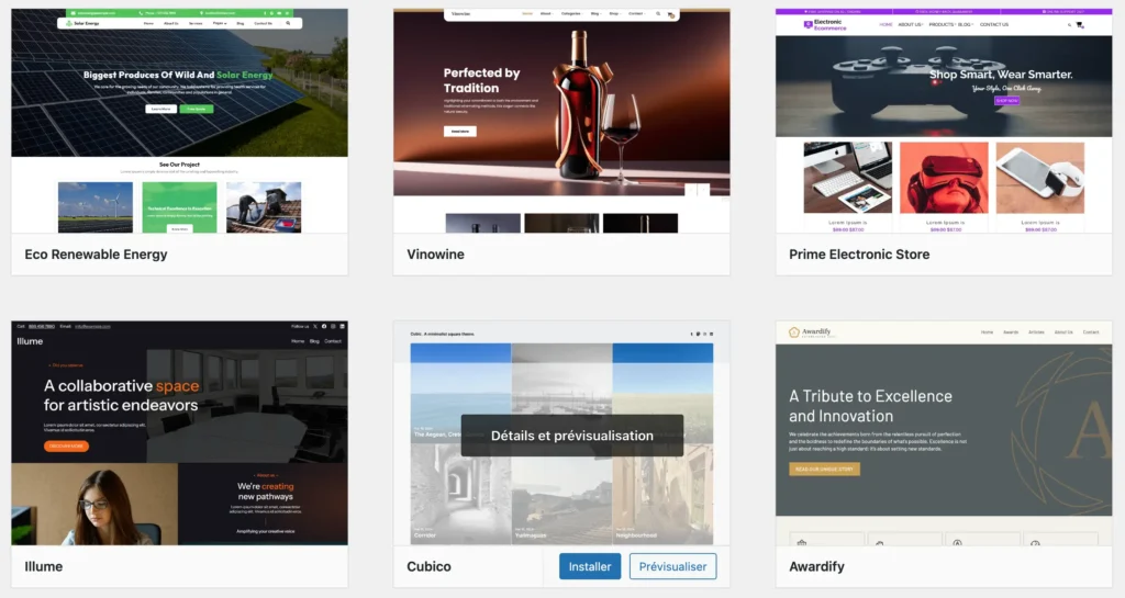Backoffice WordPress pour le choix d'un thème.